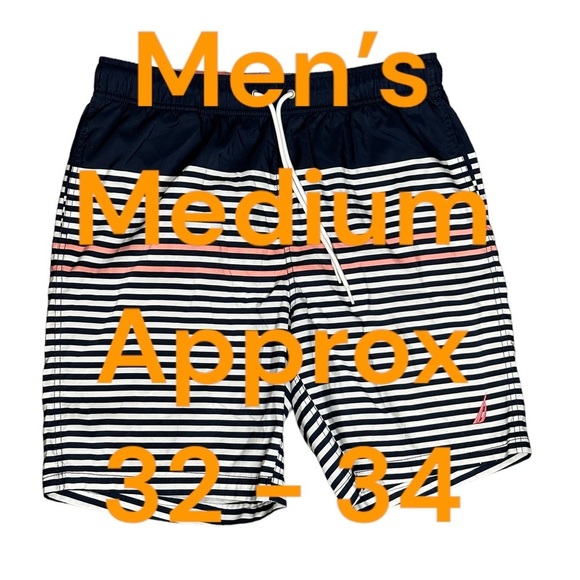 Men's Nautica Medium 32 - 34 Swim Drawstring Shorts Trunks Stripes Blue Pink - Picture 2 of 10